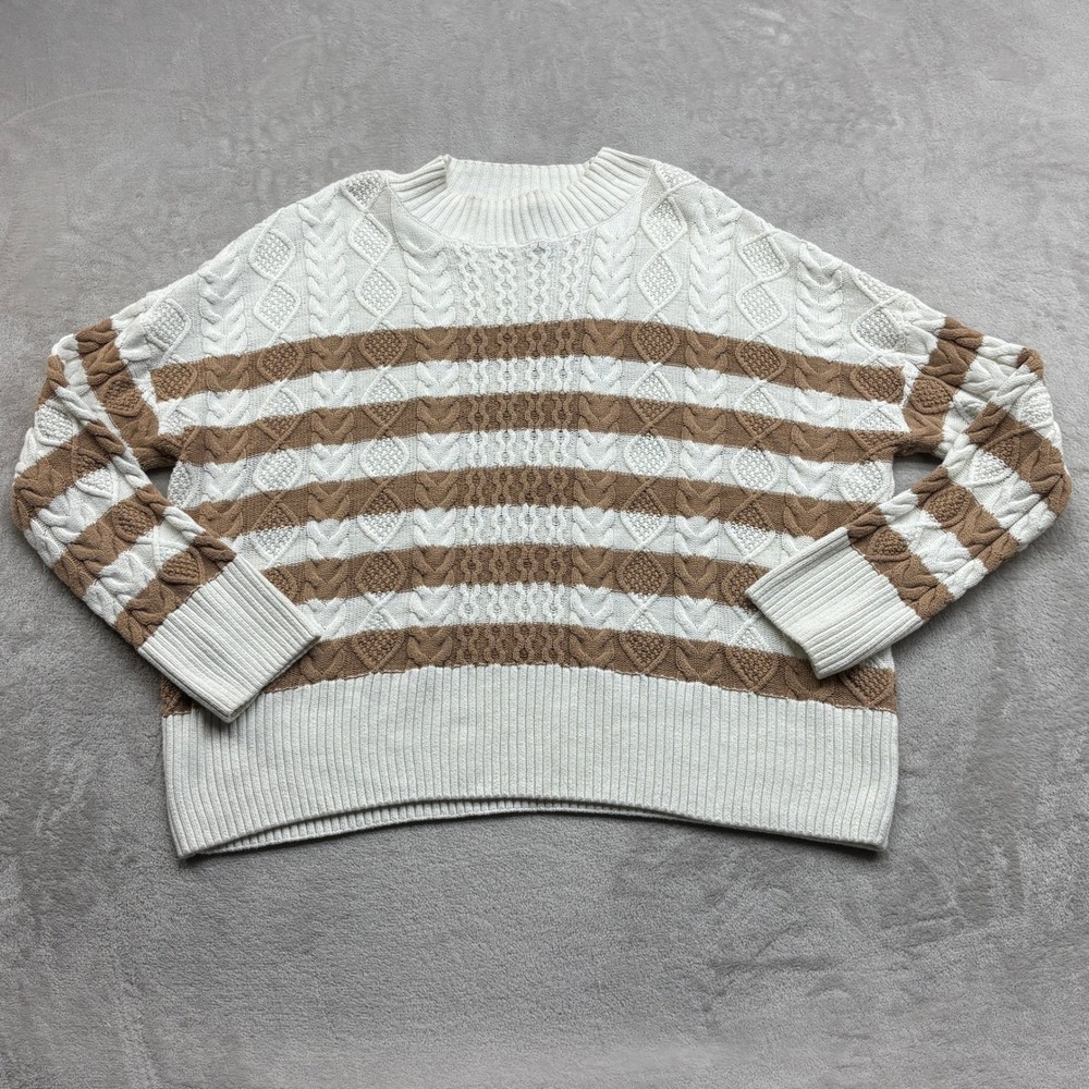 Tahari Sweater Women's XL Brown White Striped Cable Knit Coastal Grandma Luxury